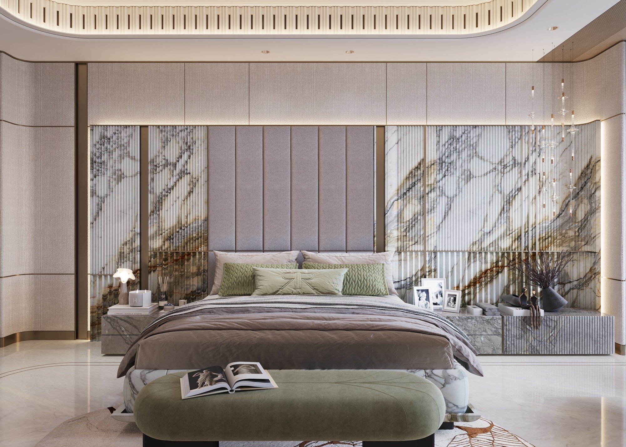 Master bedroom with fluted marble wall and olive velvet cushions
